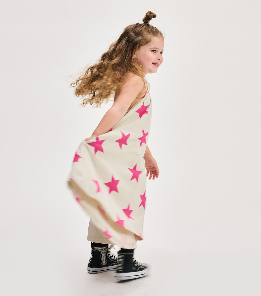 NUNUNU SS25 STAR COLLAR DRESS in Natural with Pink Stars