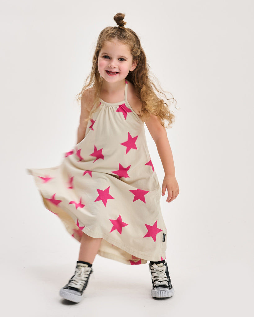 NUNUNU SS25 STAR COLLAR DRESS in Natural with Pink Stars
