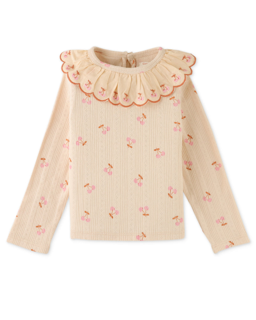 GINGERSNAPS FW24 BABY GIRL PRINTED RIBBED TOP with Embroidered Scalloped Collar