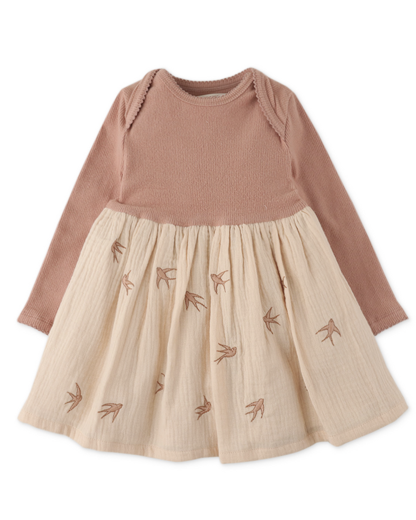 GINGERSNAPS FW24 BABY GIRL ENVELOP NECK DRESS WITH BIRD EMBROIDERY