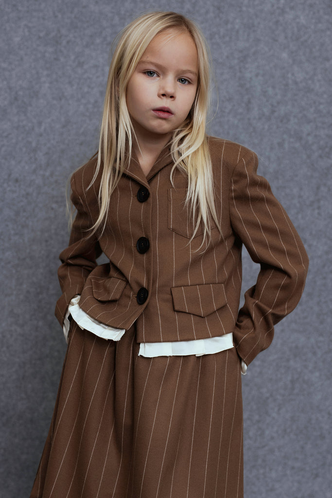 UNLABEL FW25 Saru Skirt in Camel Stripes with Contrast Hem