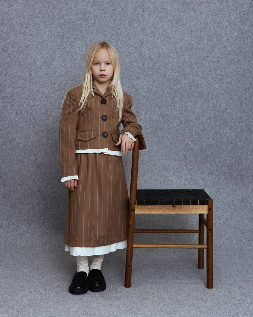 UNLABEL FW25 Saru Skirt in Camel Stripes with Contrast Hem