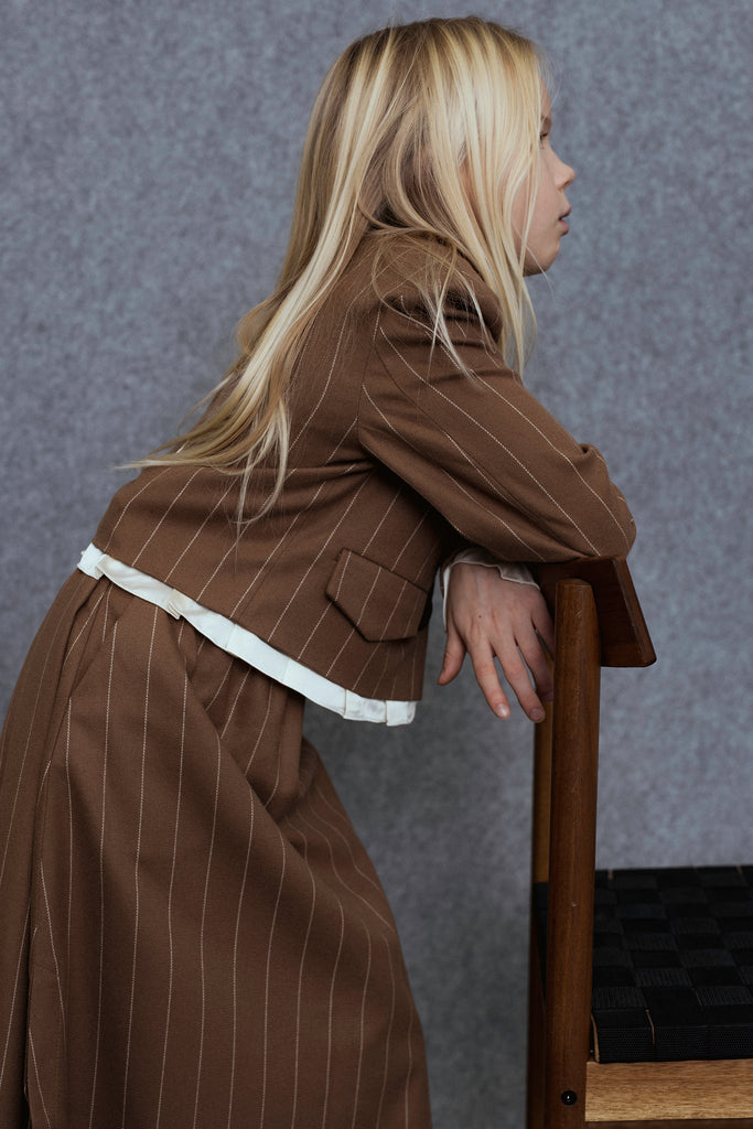 UNLABEL FW25 Saru Skirt in Camel Stripes with Contrast Hem