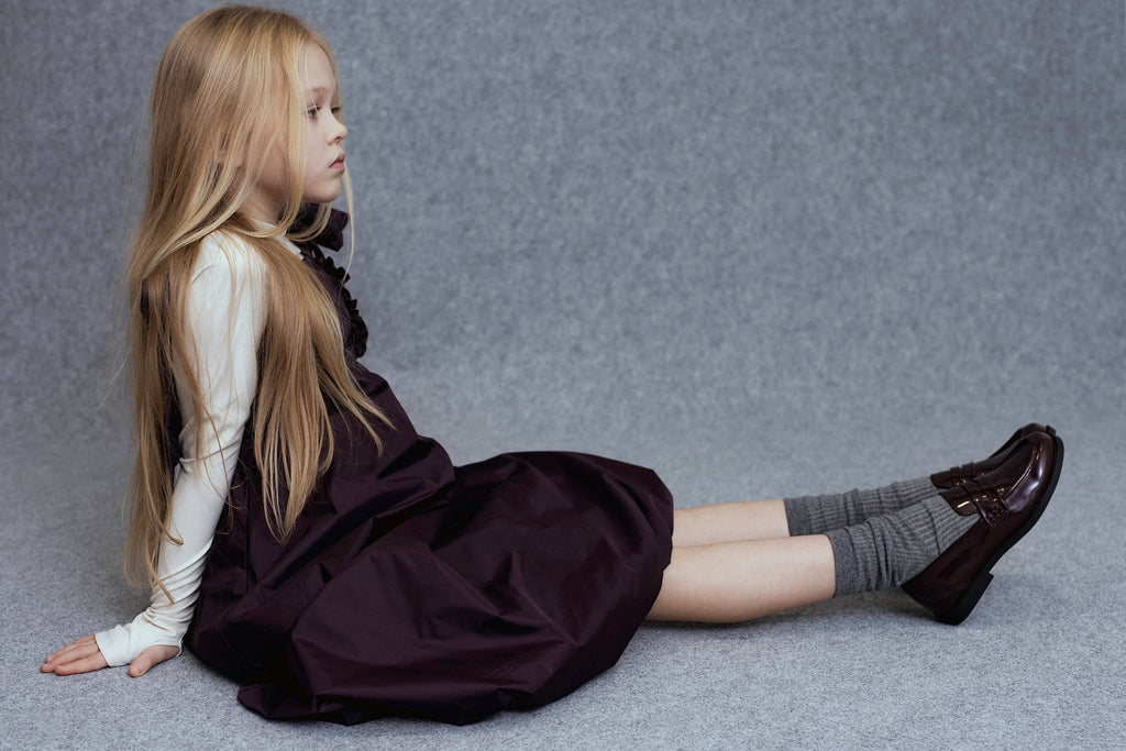 UNLABEL FW25 Iskar Pinafore Dress in Shiny Burgundy