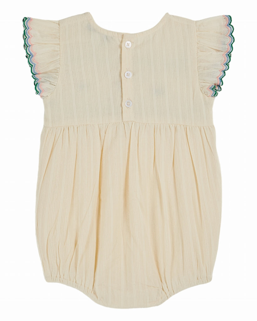 EMILE ET IDA SS25 BEBE COMBI PUFFEL ECRU HAND-SMOCKED EMBROIDERED ROMPER