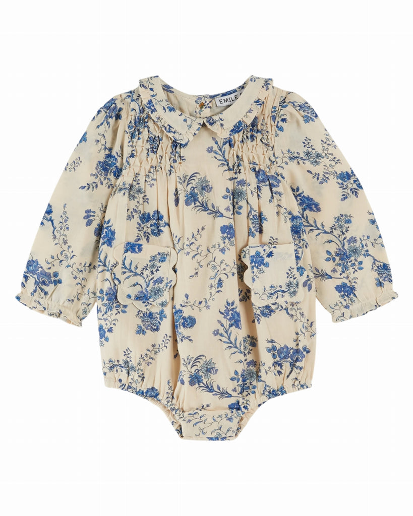 EMILE ET IDA FW25 BEBE ORCHID BLUE SMOCKED ROMPER