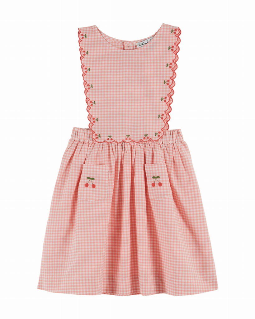 EMILE ET IDA SS26 Vichy Pinafore Dress with Embroidered Cherries