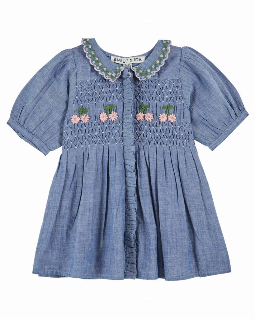 EMILE ET IDA SS26 Chambray Smocked Embroidered Dress