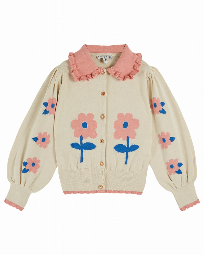 EMILE ET IDA SS26 Long Sleeve Cardigan with Flower Intarsia