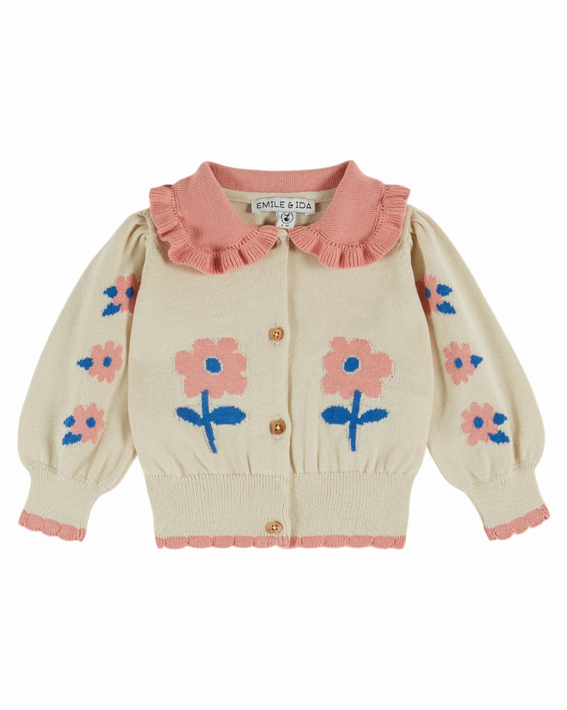 EMILE ET IDA SS26 Long Sleeve Cardigan with Flower Intarsia