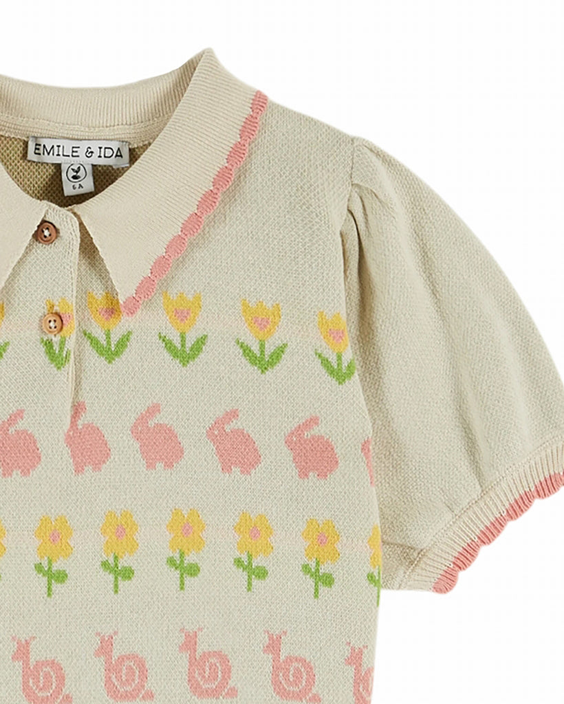 EMILE ET IDA SS26 Collared Short Sleeve Sweater with Spring Intarsia