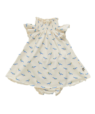 OEUF "Franglaise" Flouncy Bodysuit Dress in Gardenia Pigeons