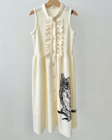 TAGO Knit Vest with Fringes and Cat Appliqué
