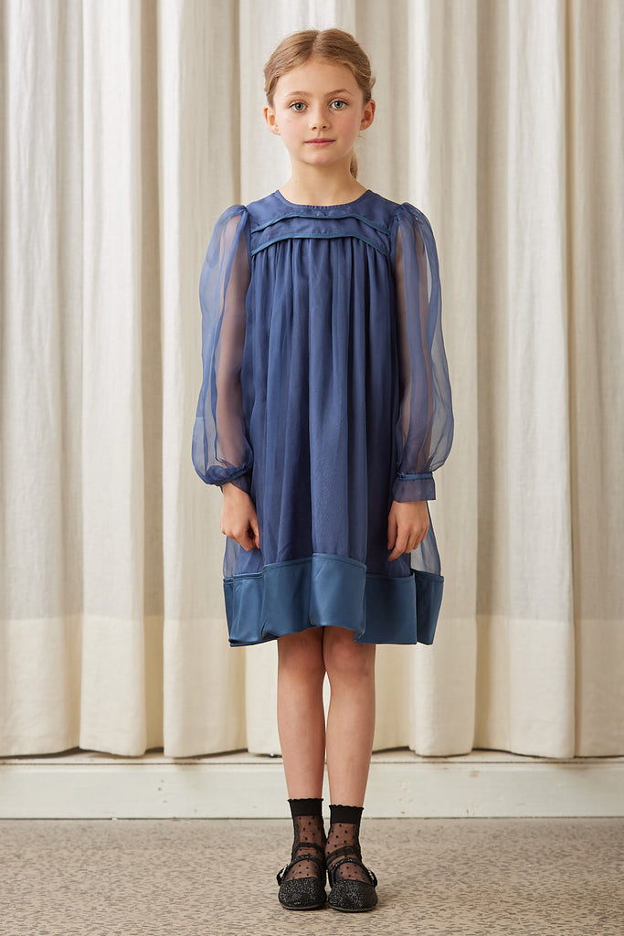 PETITE AMALIE "A Cinderella Story" Organza Baby Doll Dress with Satin Hem in Navy