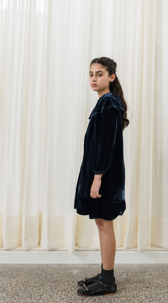 PETITE AMALIE "A Cinderella Story" Rosie Velvet and Lace Dress in Navy