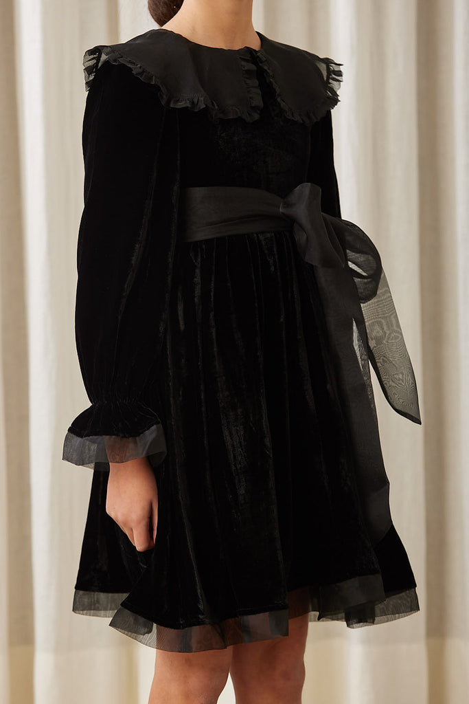 PETITE AMALIE "A Cinderella Story" Velvet Dress with Organza Collar in Black
