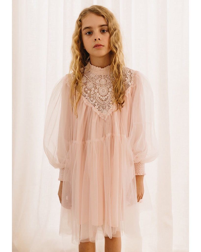 PETITE AMALIE "Soleil" Lace Applique Tulle Baydoll Dress in Shell Pink