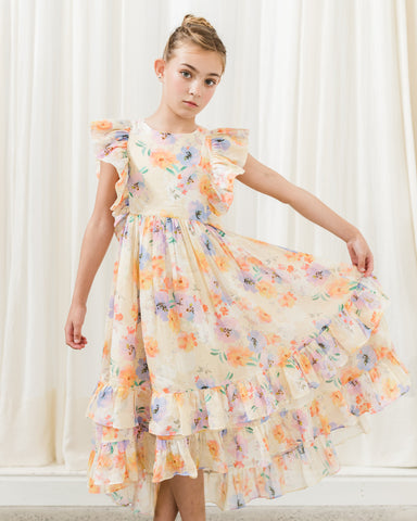 PETITE AMALIE "Wonderland" Rose Printed Organza Ruffle Collar Dress