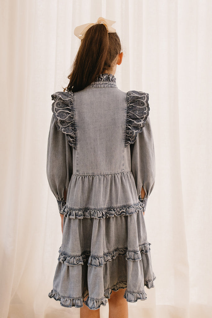 PETITE AMALIE "Soleil" Embroidered Chambray Dress with Tiered Skirt