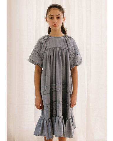 PETITE AMALIE "Soleil" Embroidered Chambray Dress with Tiered Skirt