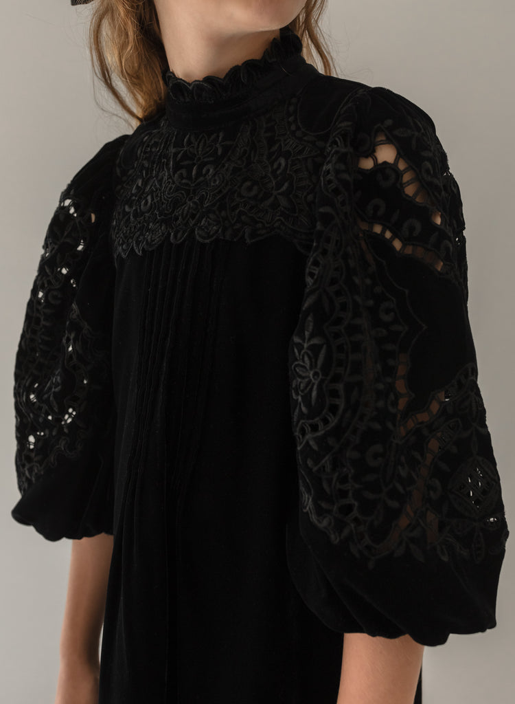 Petite Amalie Girls Velvet Puffed Sleeve Dress Girls Kids 8 Year Black Cotton by Childrensalon