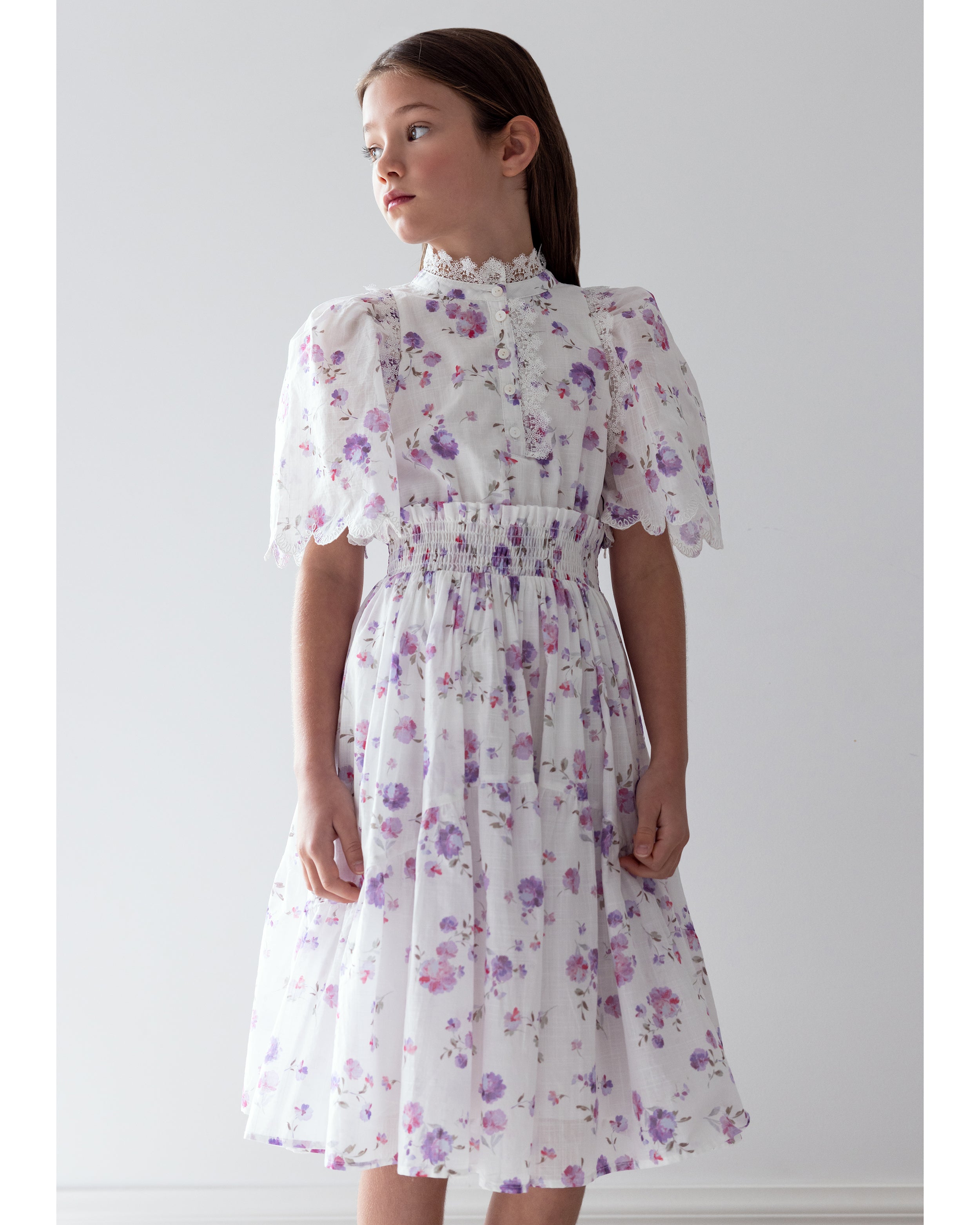 petite amalie pink cream shirred waist dress Scalloped shirred lace-trimmed cotton dress in pink - Petite Amalie