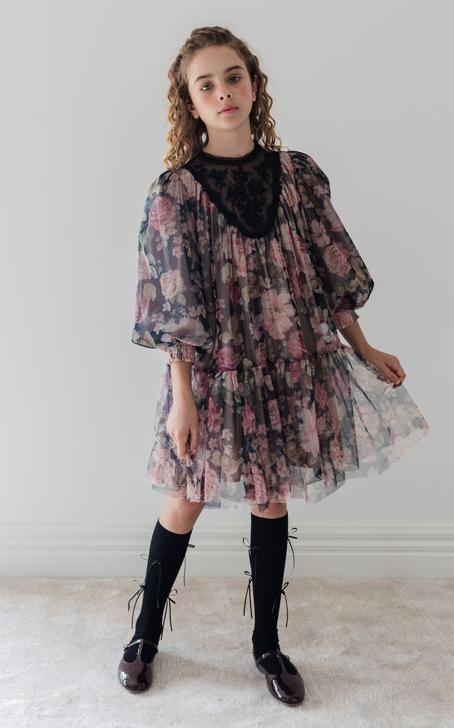 PETITE AMALIE "Fantasque" Vintage Yoke Tulle Smock Dress in Romantic Floral Print