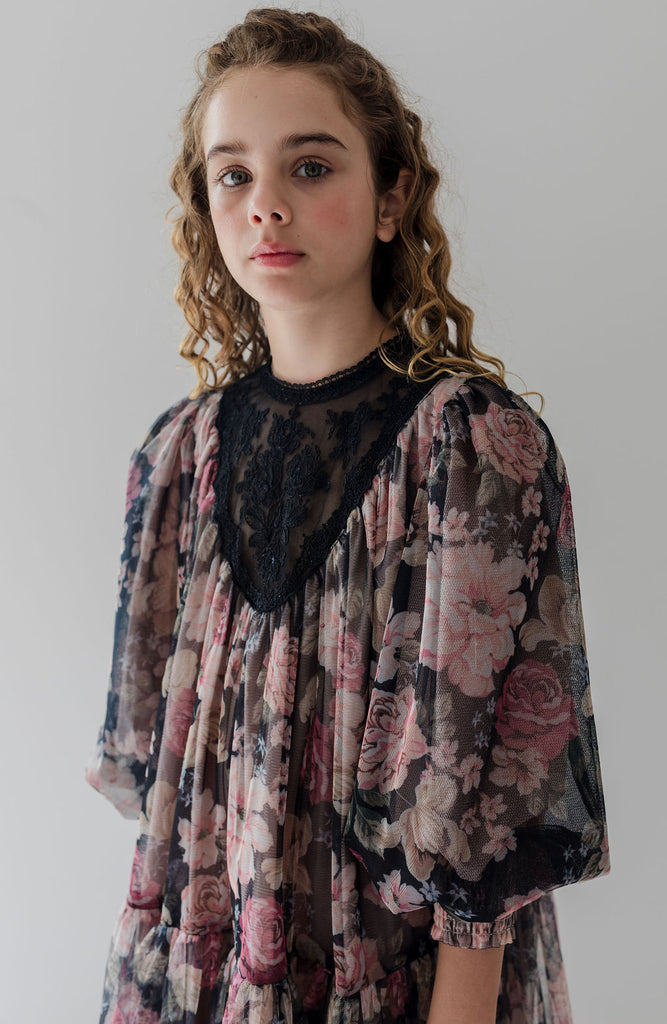 PETITE AMALIE "Fantasque" Vintage Yoke Tulle Smock Dress in Romantic Floral Print