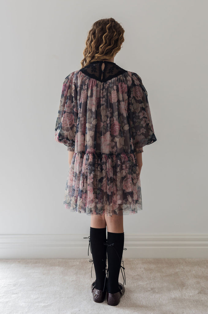 PETITE AMALIE "Fantasque" Vintage Yoke Tulle Smock Dress in Romantic Floral Print