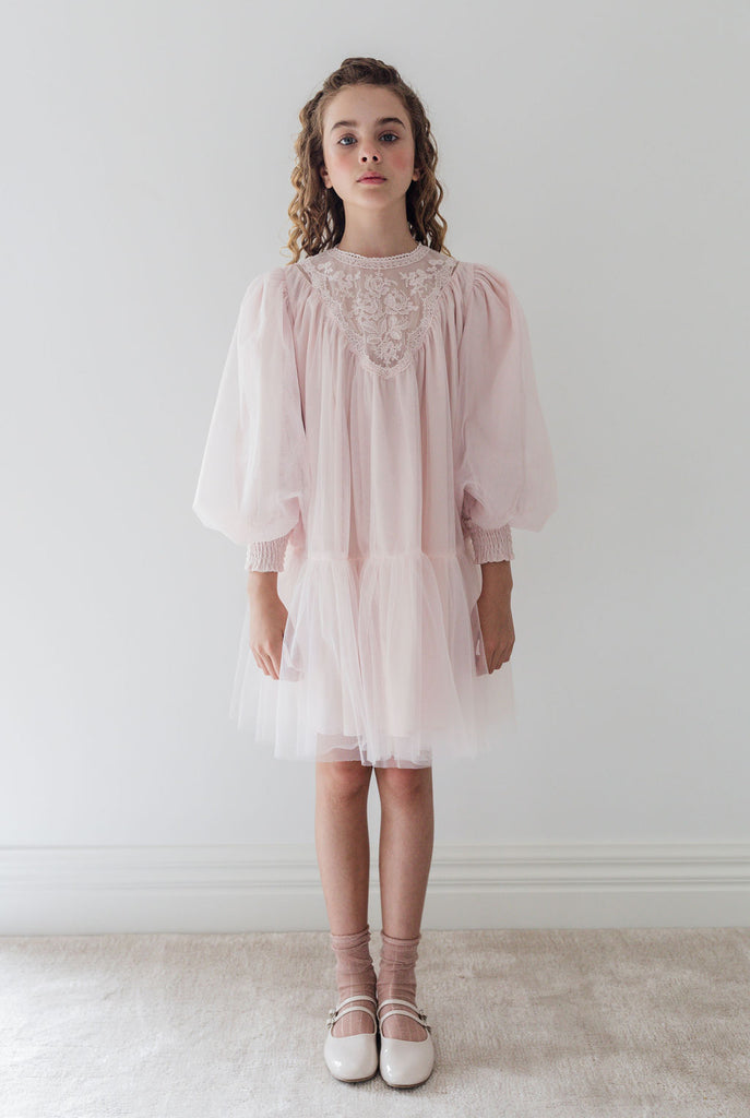 PETITE AMALIE "Fantasque" Vintage Yoke Tulle Smock Dress in Powder Pink
