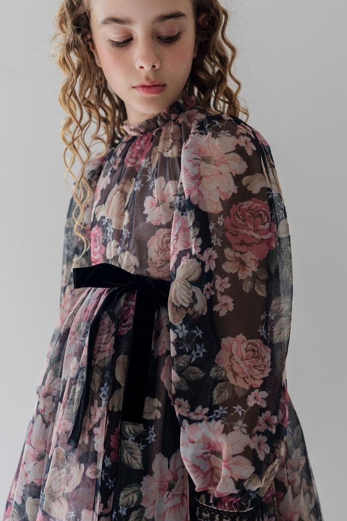 PETITE AMALIE "Fantasque" Romantic Floral Printed Tulle Dress