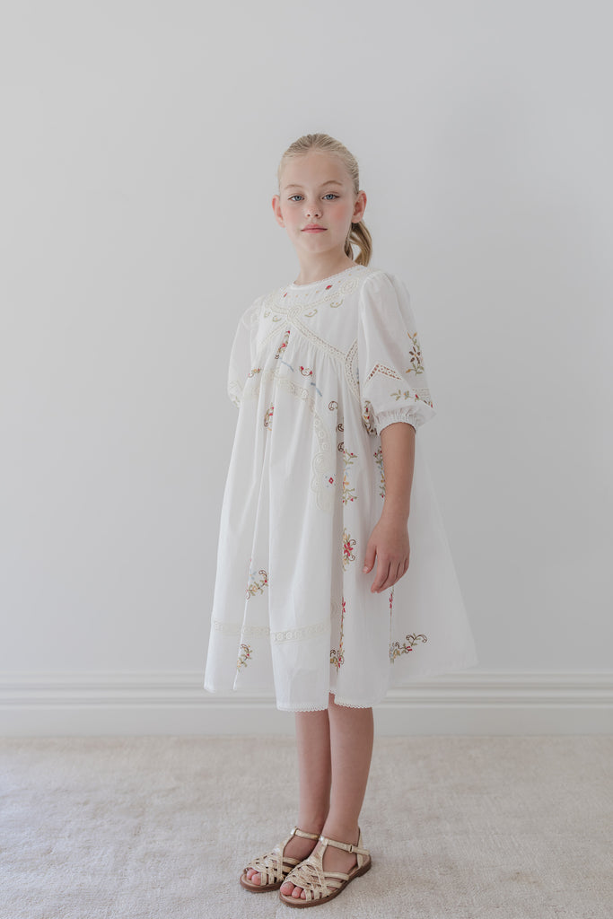 PETITE AMALIE "La Fleur" Petite Amalie Cross Stitch Elbow Sleeve White Dress