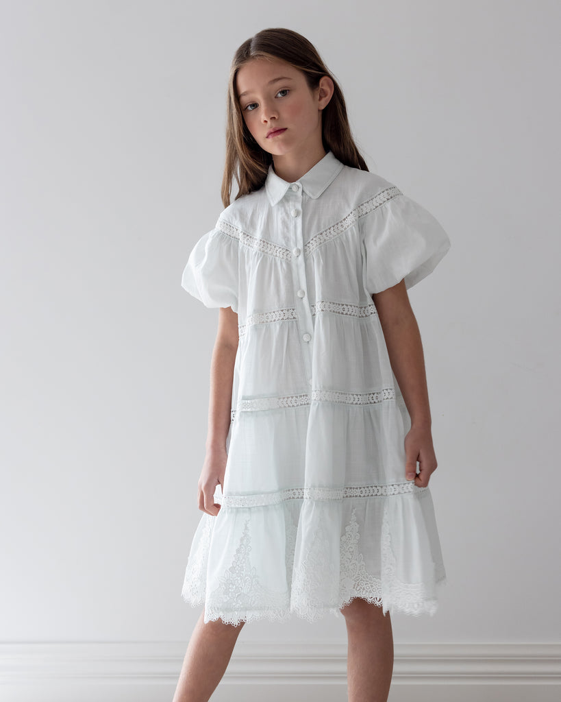 PETITE AMALIE "La Fleur" Whisper Blue Lace Hem Shirt Dress