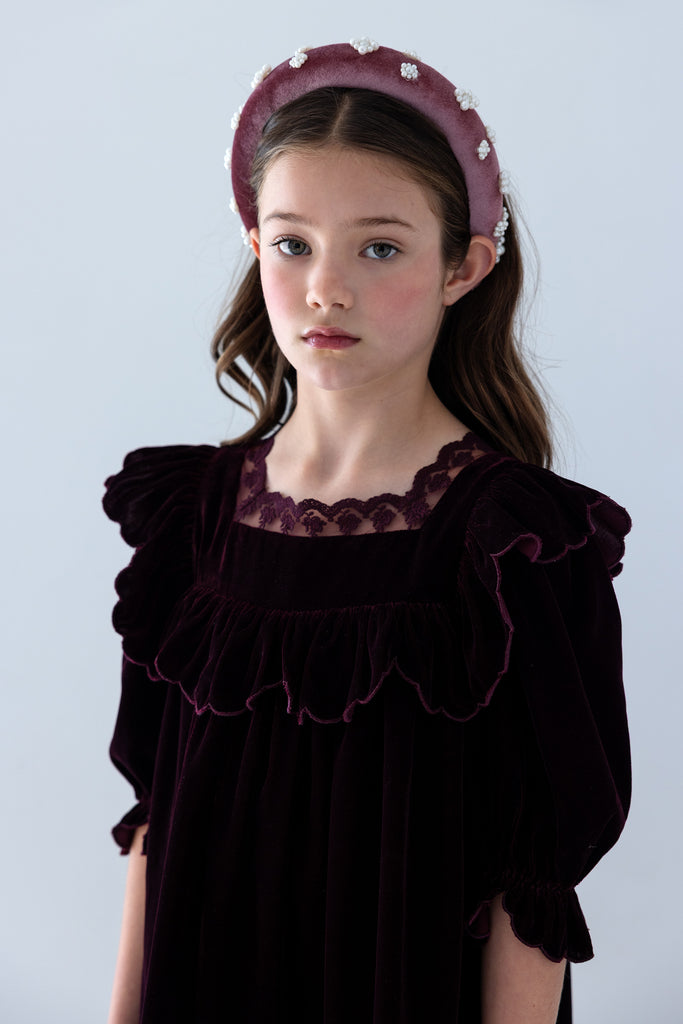 PETITE AMALIE FALL 2026 Dark Cherry Lace Trim Velvet Dress