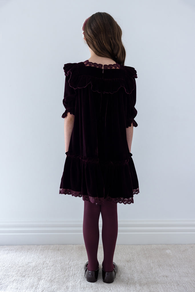 PETITE AMALIE FALL 2026 Dark Cherry Lace Trim Velvet Dress
