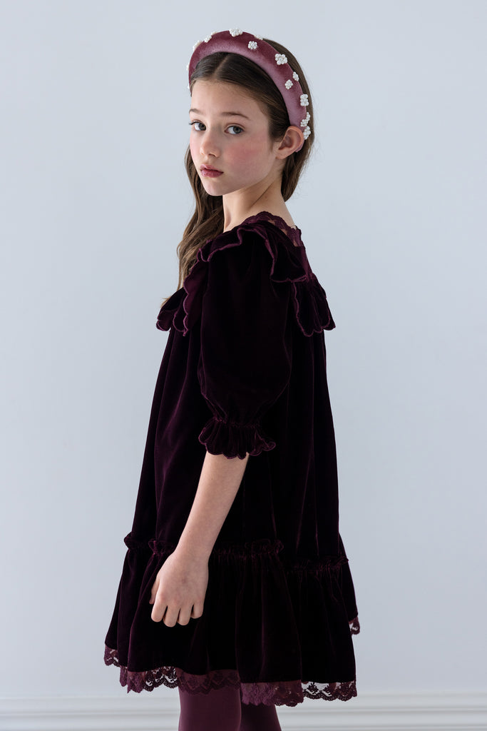 PETITE AMALIE FALL 2026 Dark Cherry Lace Trim Velvet Dress