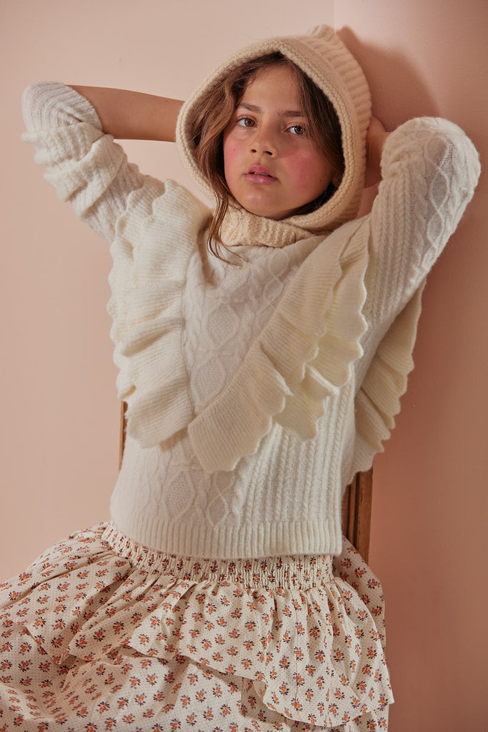PETITE AMALIE Petite Pink Ruffle Front Cable Knit Sweater