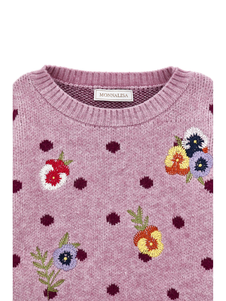 MONNALISA FALL 2026 Knit Jacquard Pansy Polka Dot Sweater Top