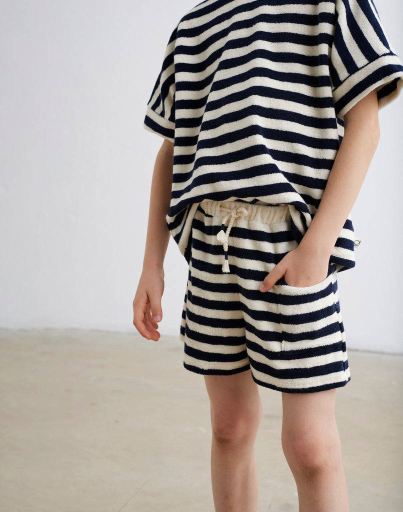 MY LITTLE COZMO "Les Tresors Marines" Organic Toweling Terry Stripes T-Shirt in Navy