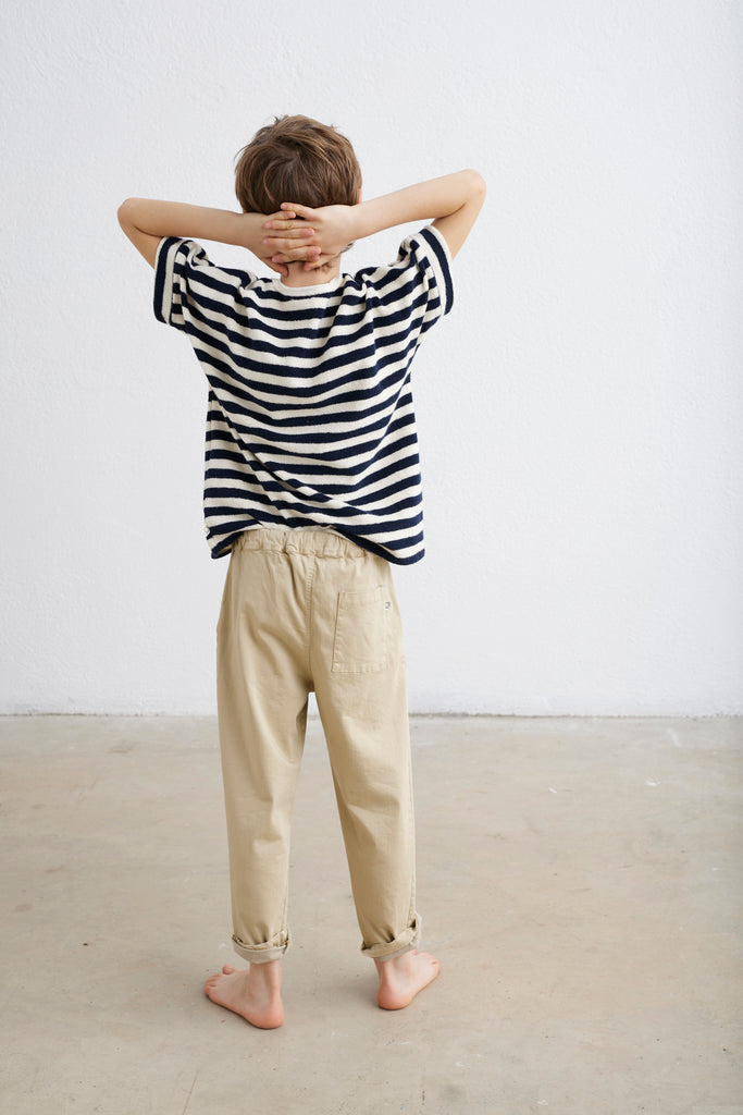 MY LITTLE COZMO "Les Tresors Marines" Organic Toweling Terry Stripes T-Shirt in Navy