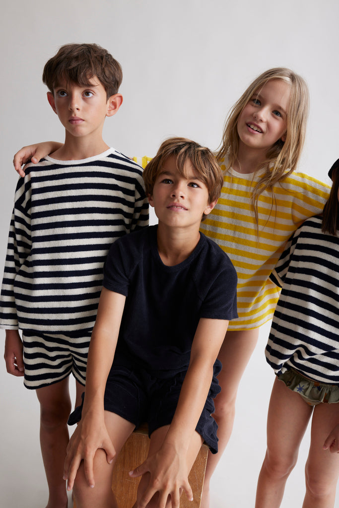 MY LITTLE COZMO "Les Tresors Marines" Organic Toweling Terry Stripes Sweatshirt in Navy