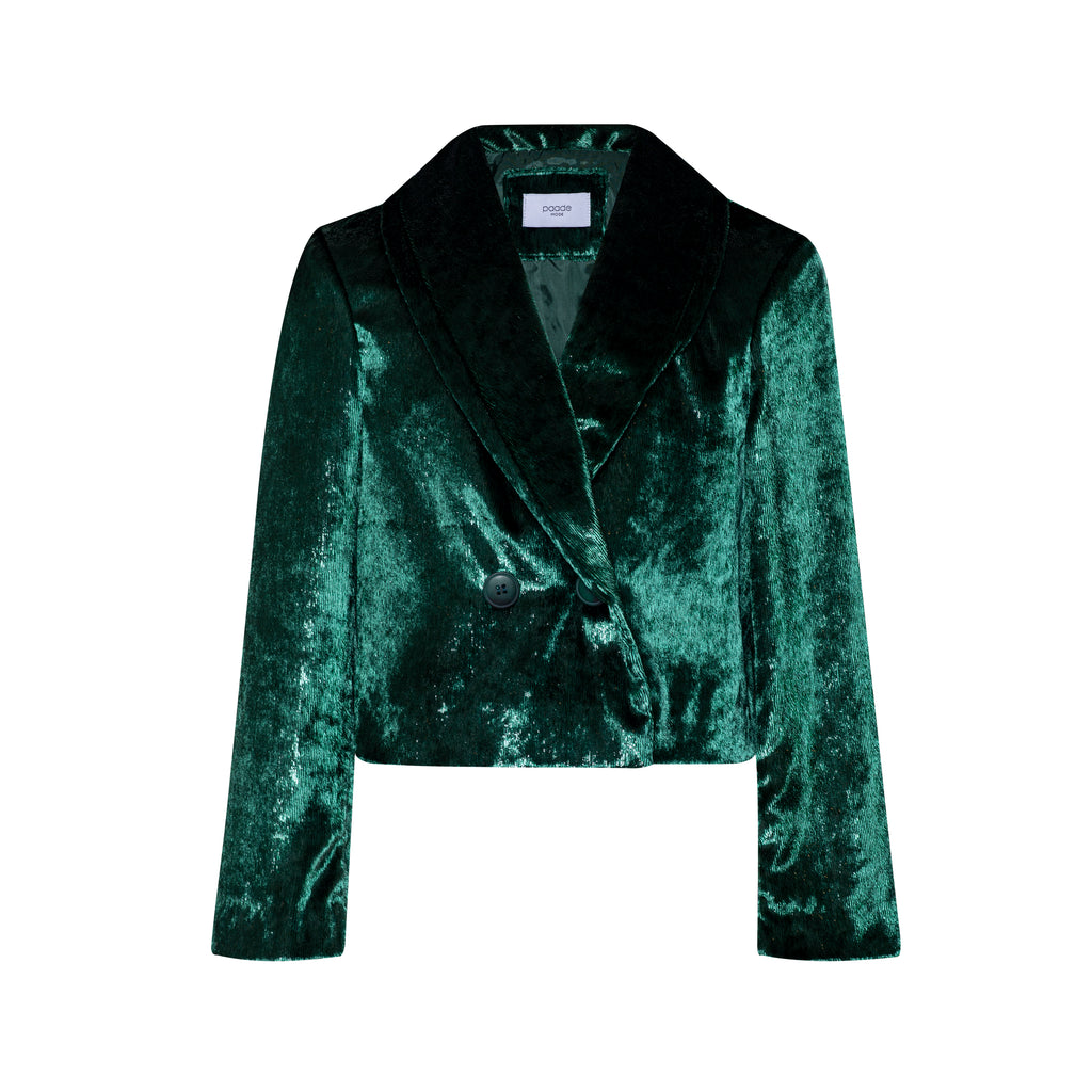 PAADE MODE "ALPENGLOW" Crop Velvet Blazer Jacket in Crinkle Green