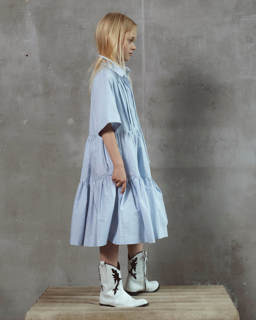 UNLABEL SS26 Bea Dress in Blue Milk Stripes