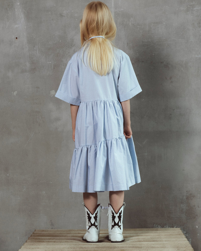 UNLABEL SS26 Bea Dress in Blue Milk Stripes
