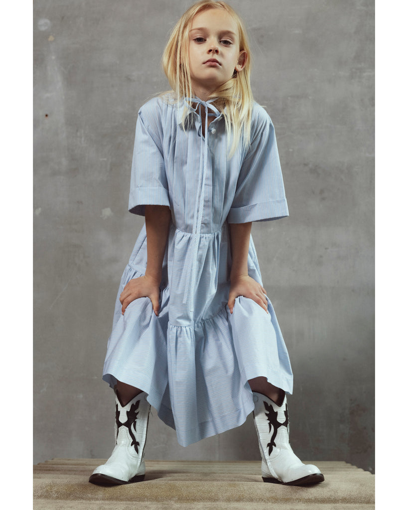UNLABEL SS26 Bea Dress in Blue Milk Stripes