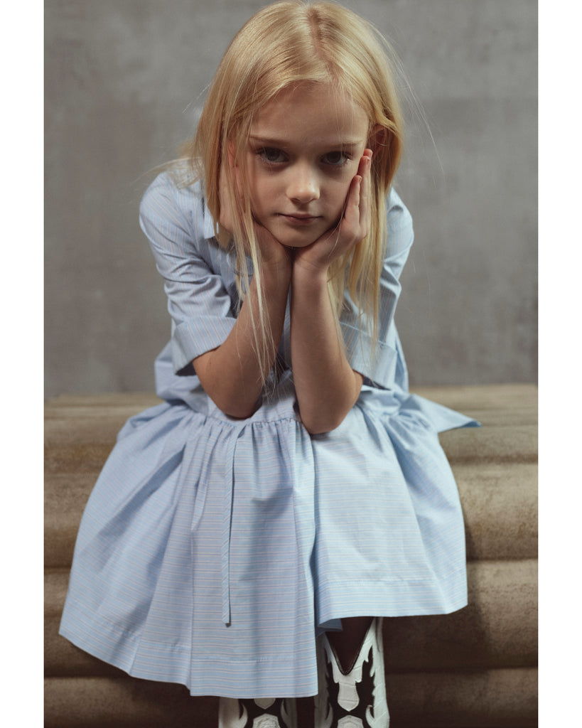 UNLABEL SS26 Bea Dress in Blue Milk Stripes