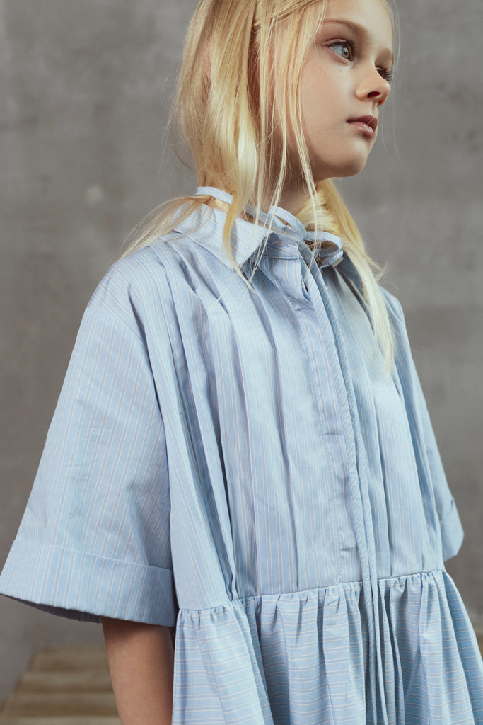 UNLABEL SS26 Bea Dress in Blue Milk Stripes