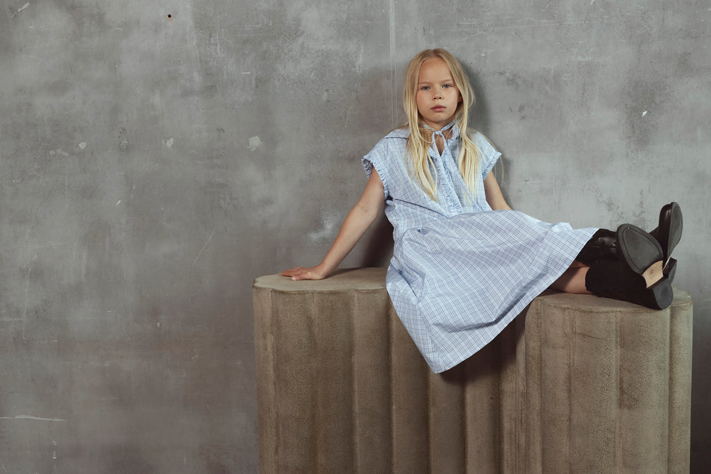 UNLABEL SS26 Ada Dress in Baby Blue Checks