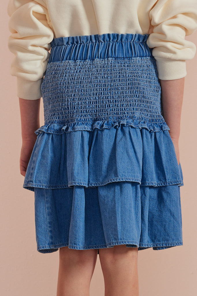 PETITE AMALIE "Petite Pink" Chambray Shirred Tiered Skirt in Dark Chambray