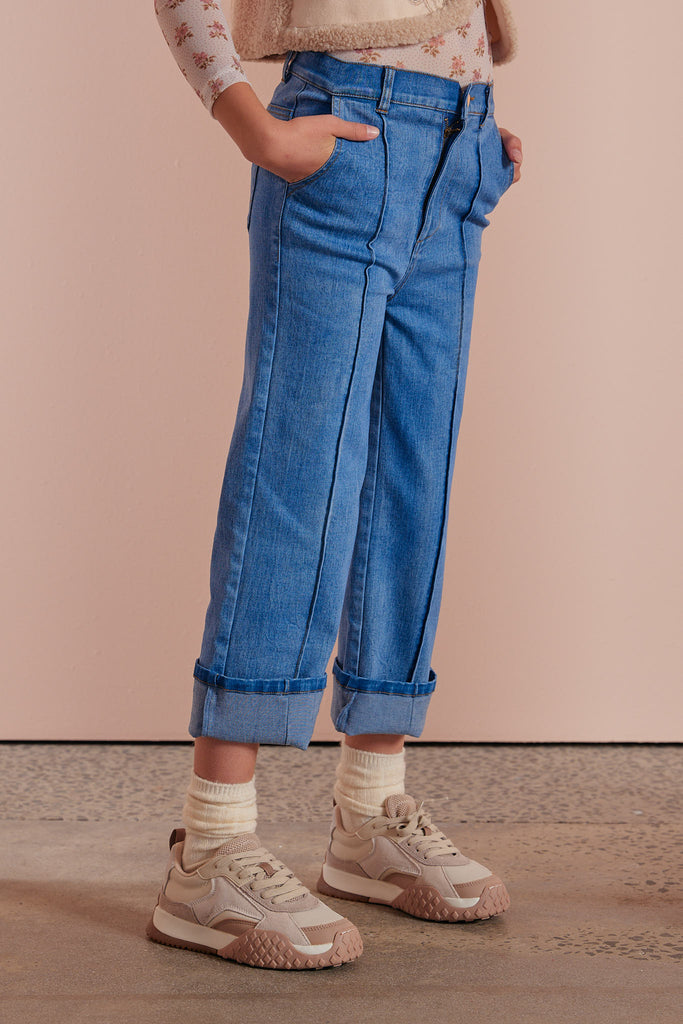 PETITE AMALIE "Petite Pink" Denim Pintuck Wide Leg Jean Pant